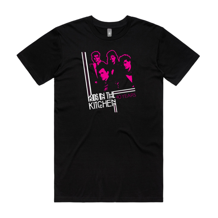 Kids In The Kitchen 40 years shirt with pink and white print of the band on