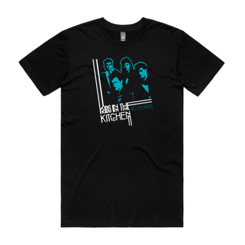 Kids In The Kitchen 40 years shirt with blue and white print of the band on